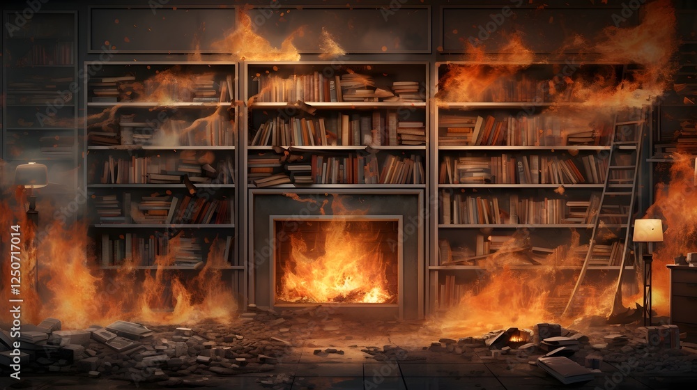 Intense flames and billowing smoke engulf a modern bookshelf in a stylish living room showcasing the dramatic and destructive power of an uncontrolled fire Intense flames and billowing smoke engulf a modern bookshelf in a stylish living room showcasing the dramatic and destructive power of an uncontrolled fire