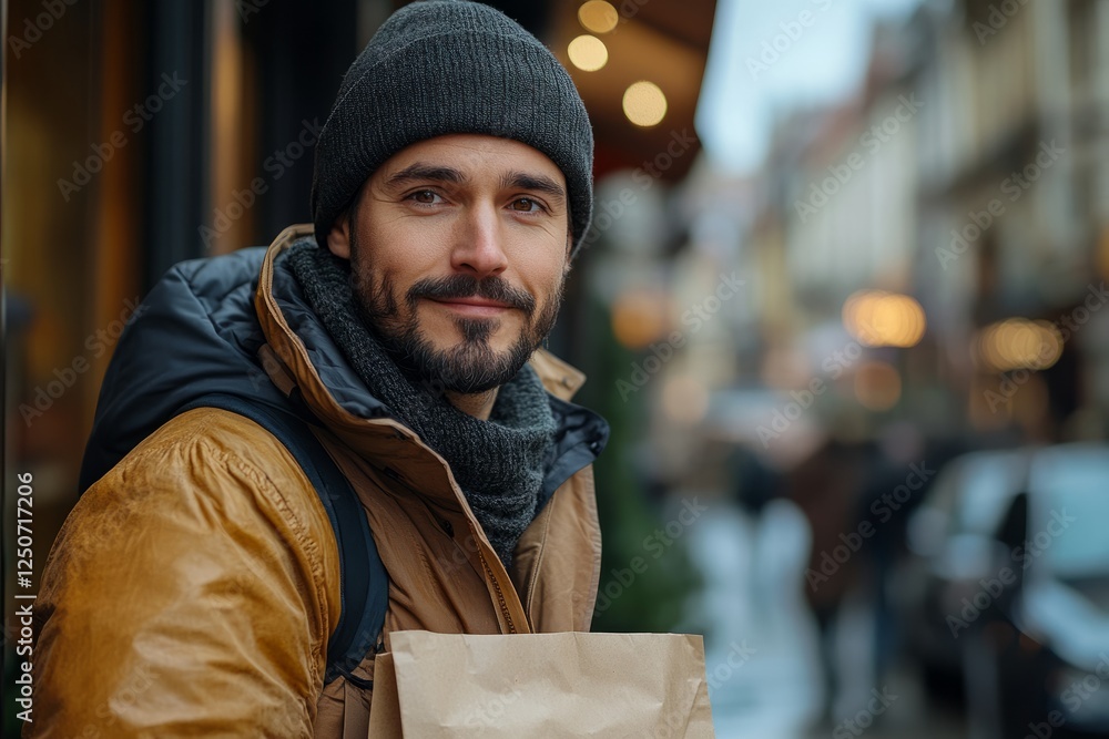 Delivery courier holds paper bag while waiting in urban street during winter afternoon Delivery courier holds paper bag while waiting in urban street during winter afternoon