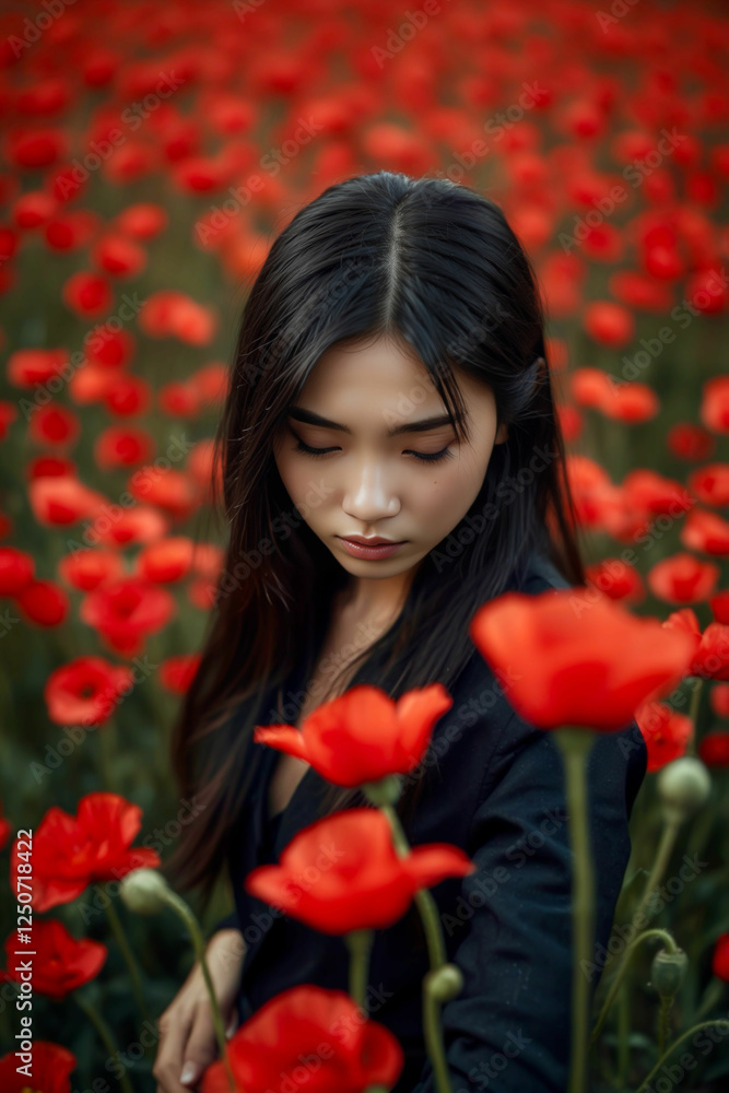 Naklejka premium Beautiful Asian woman with long dark hair looking down at poppies in a red poppy field