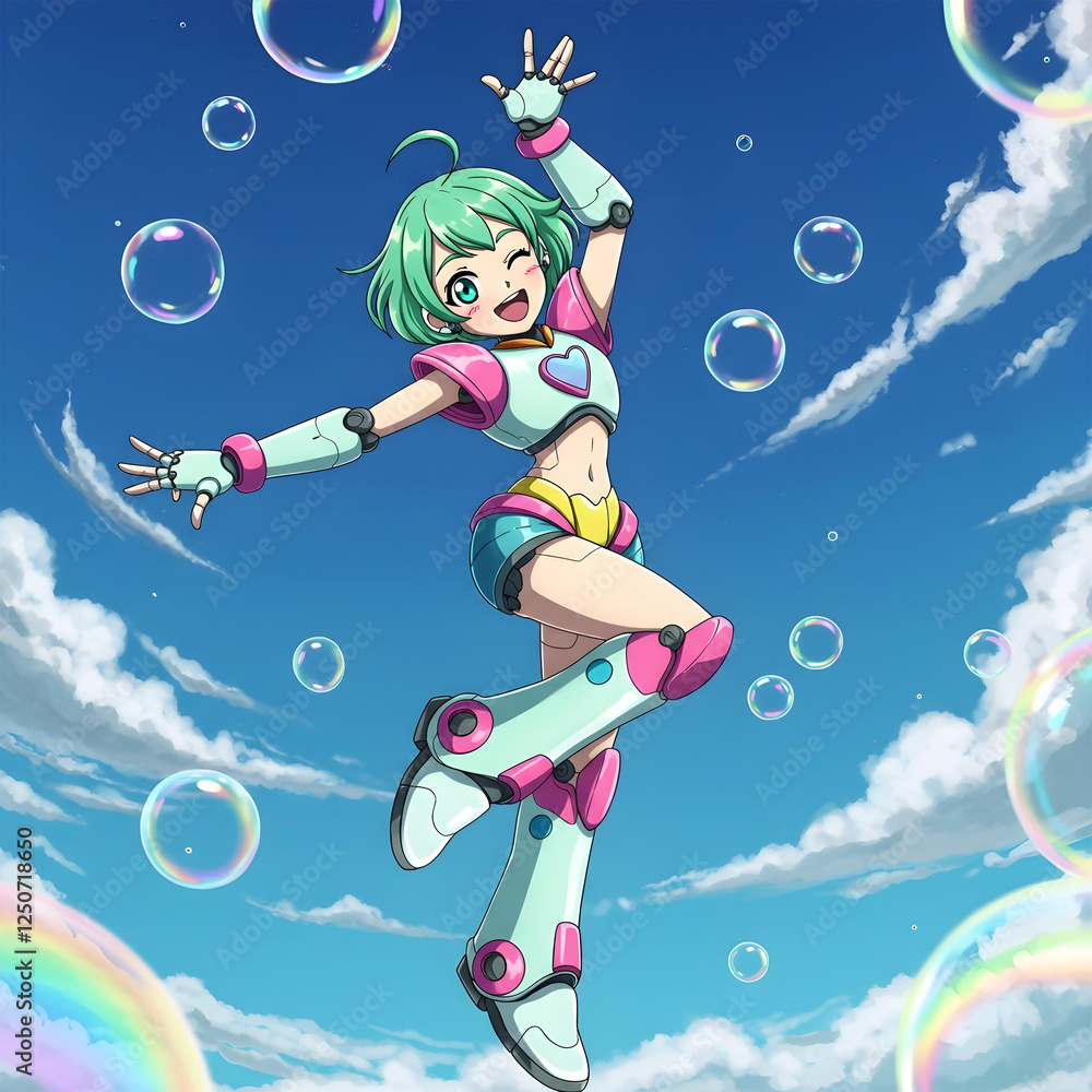 Naklejka premium Anime robot character dancing in a sky filled with bubbles, rainbow colors, playful expression, cute design, short green hair, wearing a colorful outfit, dynamic pose, light and airy, digital art