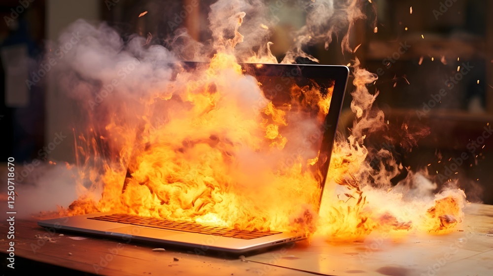 Overheating Laptop Sparking Fire on Work Desk Hazard Depicting a Dangerous Situation of an Electronic Device Malfunction and Safety Risk in the Office Environment Overheating Laptop Sparking Fire on Work Desk Hazard Depicting a Dangerous Situation of an Electronic Device Malfunction and Safety Risk in the Office Environment