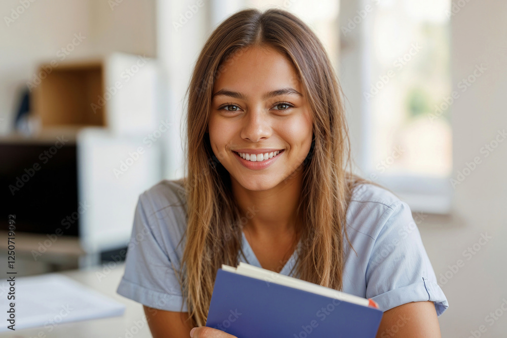 Portrait of cheerful smiling Latina student girl in classroom looking at camera Portrait of cheerful smiling Latina student girl in classroom looking at camera