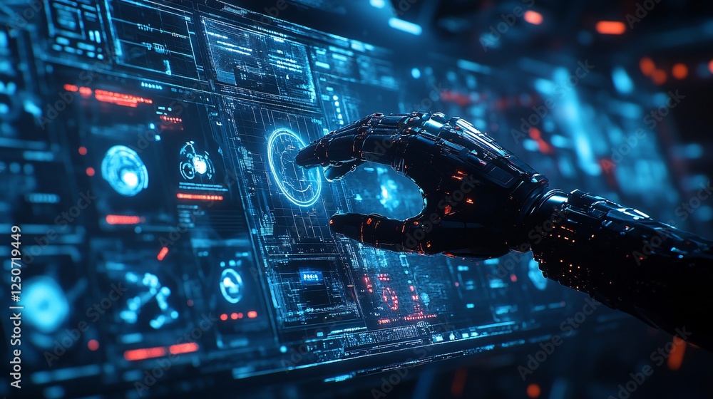 Fototapeta premium Conceptual Robotic Hand Interacting with Futuristic Digital Interface