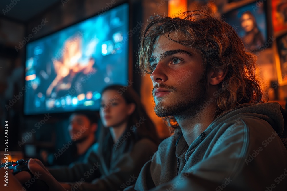 Obraz premium Friends engaged in an intense gaming session in a cozy room with a large screen