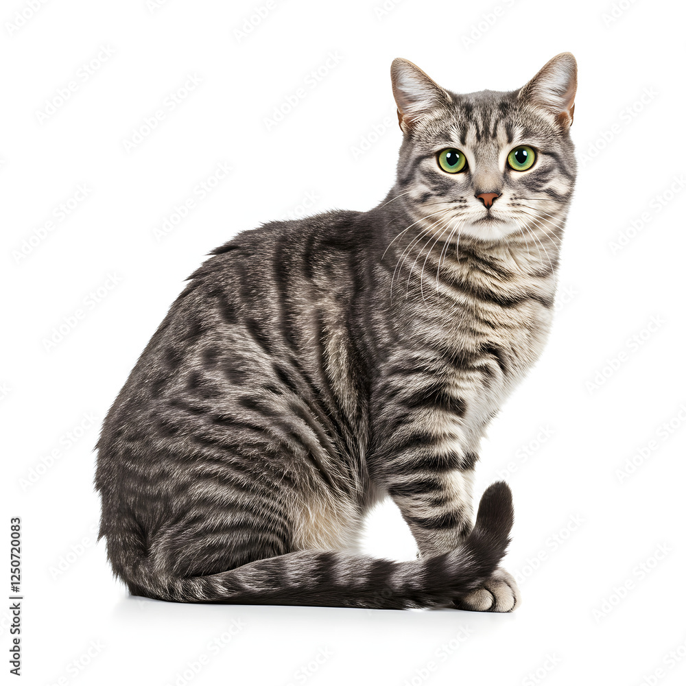 Obraz premium Tabby Cat Sitting Isolated on White Background
