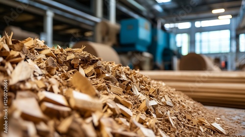 Detailed View of Wood Shavings on the Factory Floor During Processing : Generative AI photo