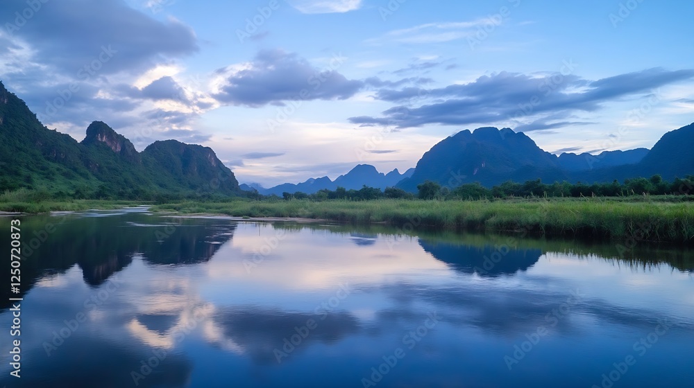 Peaceful river landscape at twilight with mountains reflecting in calm waters : Generative AI Peaceful river landscape at twilight with mountains reflecting in calm waters : Generative AI