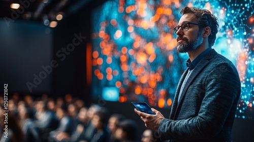 Professional Presenter Demonstrating AI Technology at Conference Event