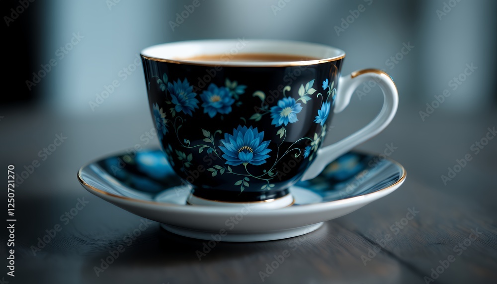 Fototapeta premium Elegant Tea Cup on Saucer with Floral Design and Gold Trim