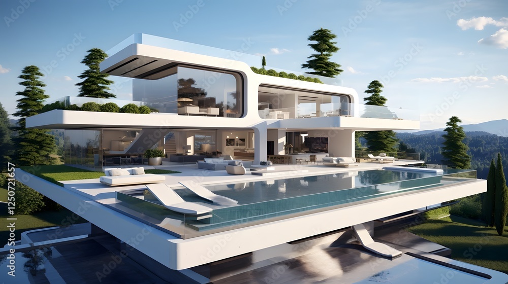Fototapeta premium Sleek and contemporary modern mansion floating effortlessly above a clean white surface offering a unique and captivating perspective that inspires the imagination