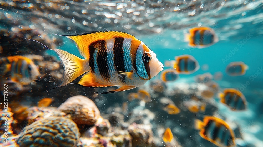 Fototapeta premium Colorful underwater scene featuring a vibrant fish swimming among coral reefs