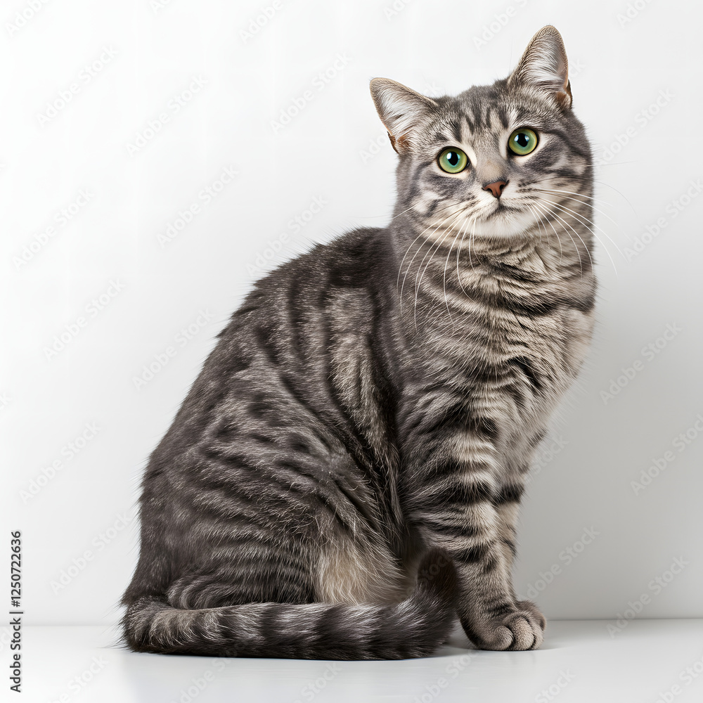 Obraz premium Gray Tabby Cat Sitting on White Background Looking Curious