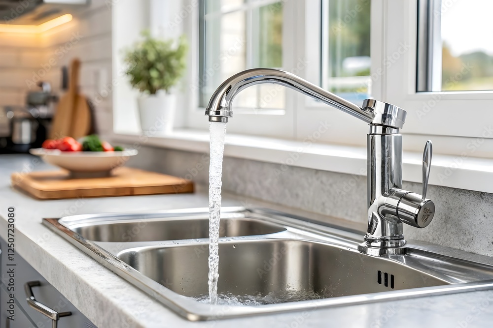 Stainless Steel Sink and Chrome Faucet in Clean Kitchen Stainless Steel Sink and Chrome Faucet in Clean Kitchen