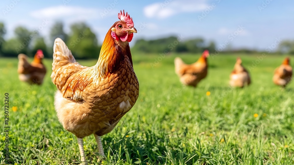 Fototapeta premium Closeup shot of a proud hen standing in a lush green field with other chickens in the background : Generative AI