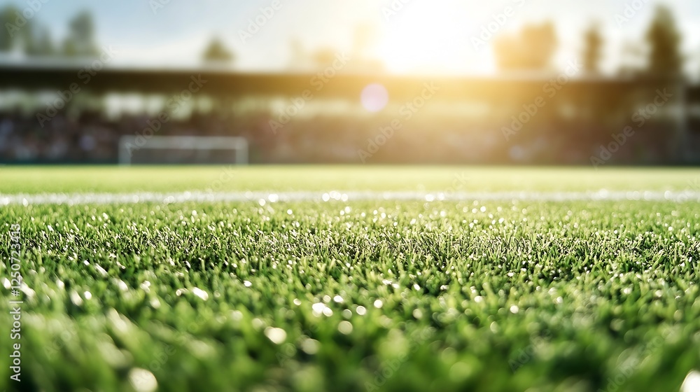 Sunlit grass field at a sports venue during a vibrant evening atmosphere : Generative AI Sunlit grass field at a sports venue during a vibrant evening atmosphere : Generative AI