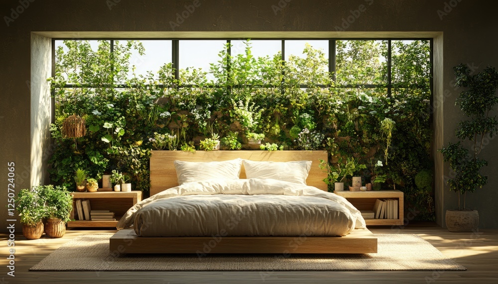 Fototapeta premium Wooden platform bed in minimalist bedroom, lush green wall backdrop. Perfect for showcasing calm, nature-inspired interior design; ideal for websites, blogs & magazines.