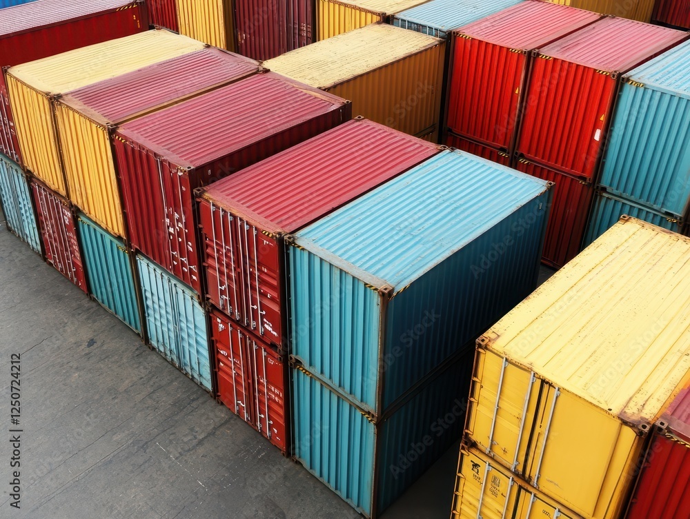 Fototapeta premium Smart Global Logistics Concept. Colorful shipping containers stacked in an organized manner, showcasing a variety of hues and textures, ideal for industrial or logistics-themed visuals.