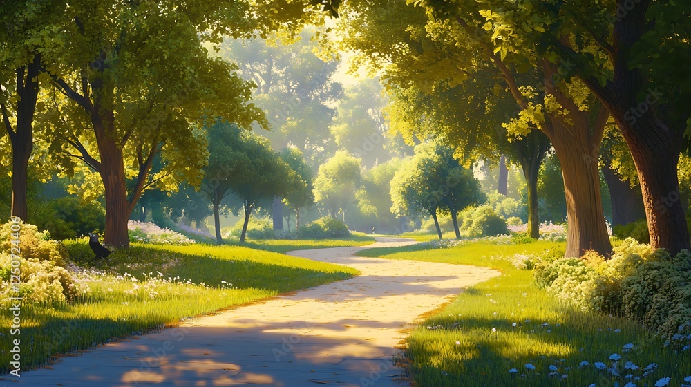 Tranquil path winding through a park, bordered by lush green trees and bathed in warm golden morning light.