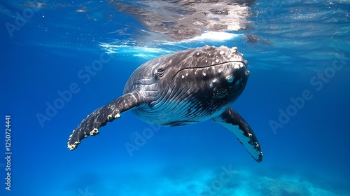 Majestic underwater shot of a humpback whale swimming gracefully through clear ocean waters showcasing its beauty : Generative AI photo