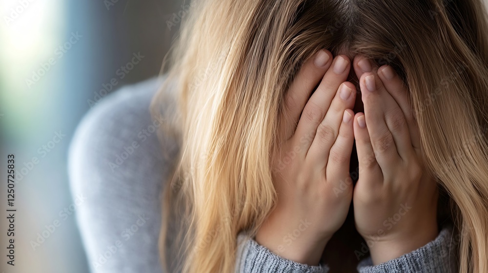 Fototapeta premium Emotional young woman holding her head with hands in distress : Generative AI