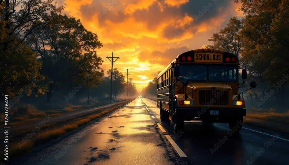 Fototapeta premium School Bus Driving on Road at Sunset with Dramatic Sky