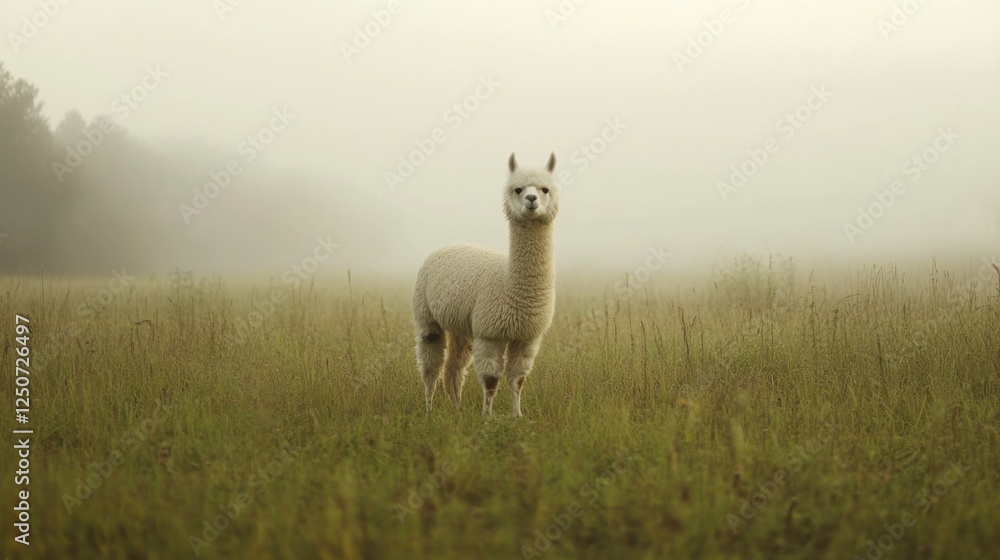 Fototapeta premium Graceful Alpaca Standing Alone in a Misty Meadow at Dawn