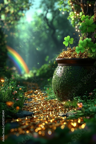 A treasure of clovers and gold beneath a glowing rainbow...
