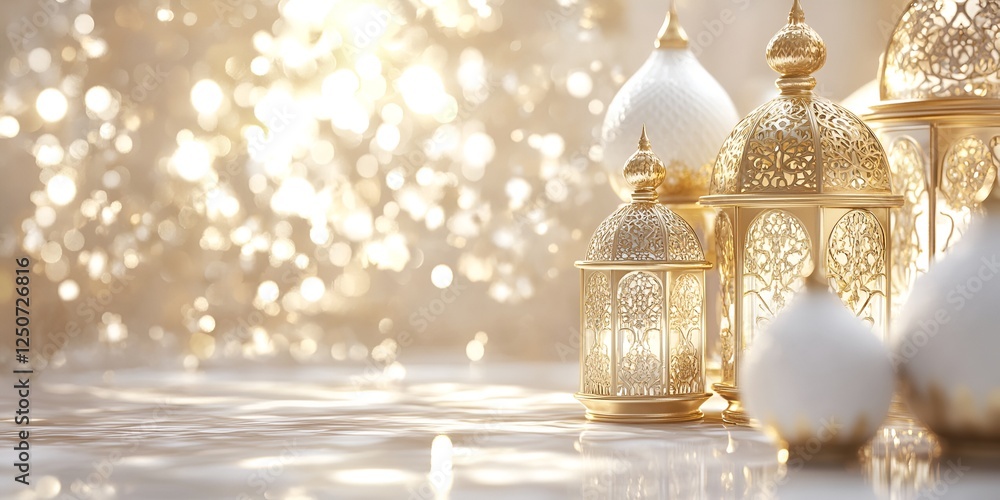 3D rendering of a golden Ramadan Kareem background with white lanterns and Arabic decoration. Blank space for text, copy space. Banner design. White background. bokeh background 3D rendering of a golden Ramadan Kareem background with white lanterns and Arabic decoration. Blank space for text, copy space. Banner design. White background. bokeh background