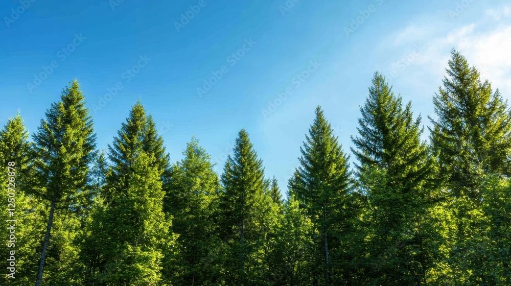 Fototapeta premium Majestic whitecapped evergreens reaching for the clear blue sky winter landscape scene low angle perspective capturing natural beauty