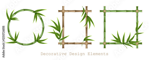 Bamboo frames set made of stems and green leaves tied with a rope. A set of wooden bamboo frames