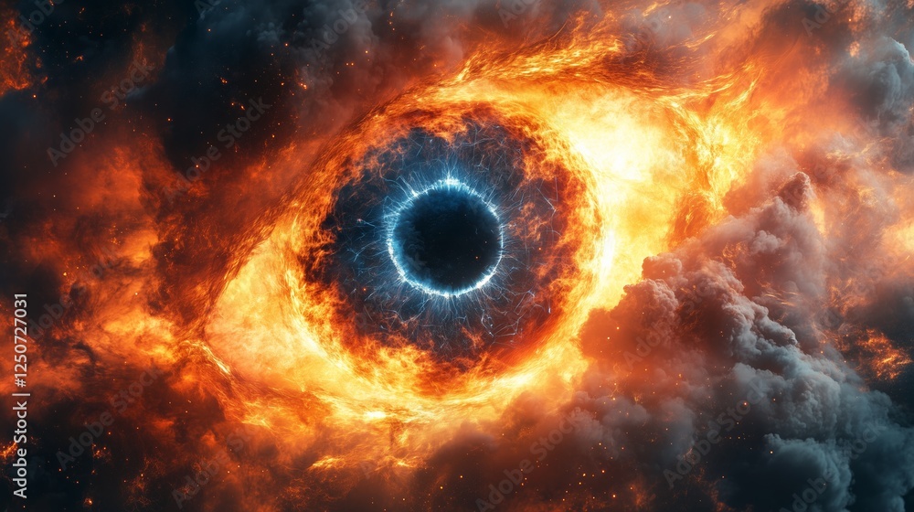 A mesmerizing surreal image depicting a giant eye engulfed in swirling flames and dark storm clouds. A mesmerizing surreal image depicting a giant eye engulfed in swirling flames and dark storm clouds.