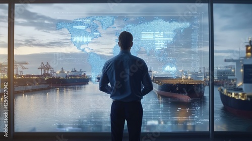 A professional analyzing global maritime logistics on a high-tech screen, showcasing tailored services.