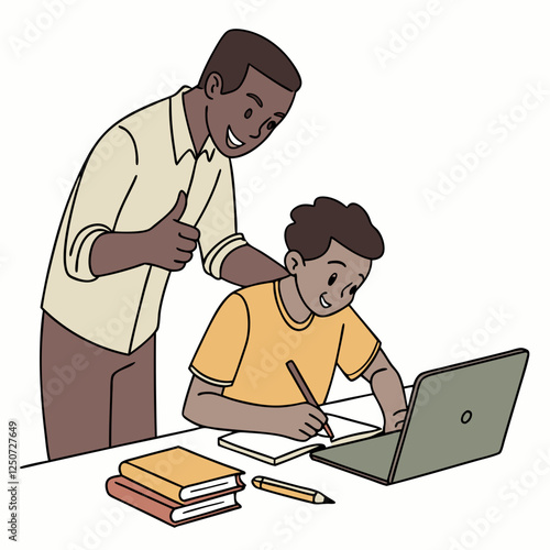 Supportive Father Encouraging Son's Learning with Laptop and Textbook