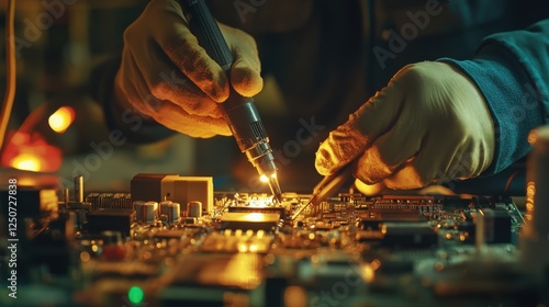 Technician Soldering Components on PCB with Soldering Iron in Workshop