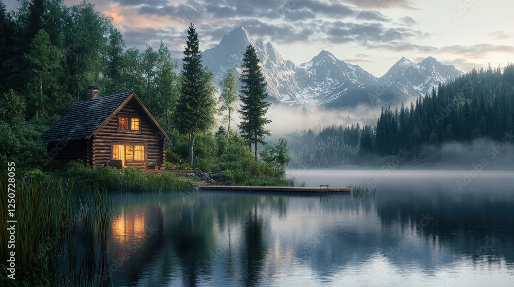Naklejka premium Log cabin glows warmly by a tranquil lake, set against majestic mountains symbolizing retreat and nature. Ideal for travel, wellness, and home design projects.