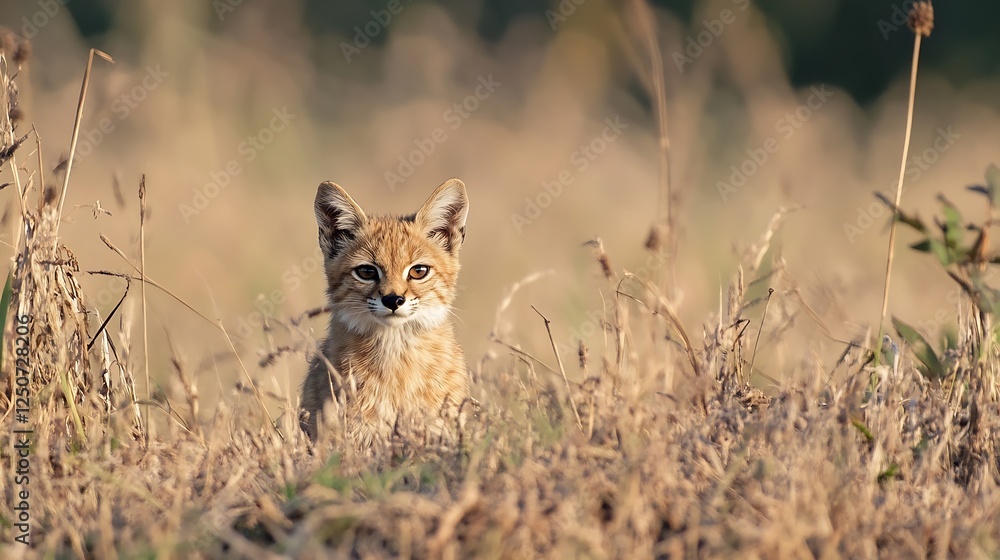 Young Wild Cat Hidden in Tall Grass Captured in Natural Habitat : Generative AI Young Wild Cat Hidden in Tall Grass Captured in Natural Habitat : Generative AI