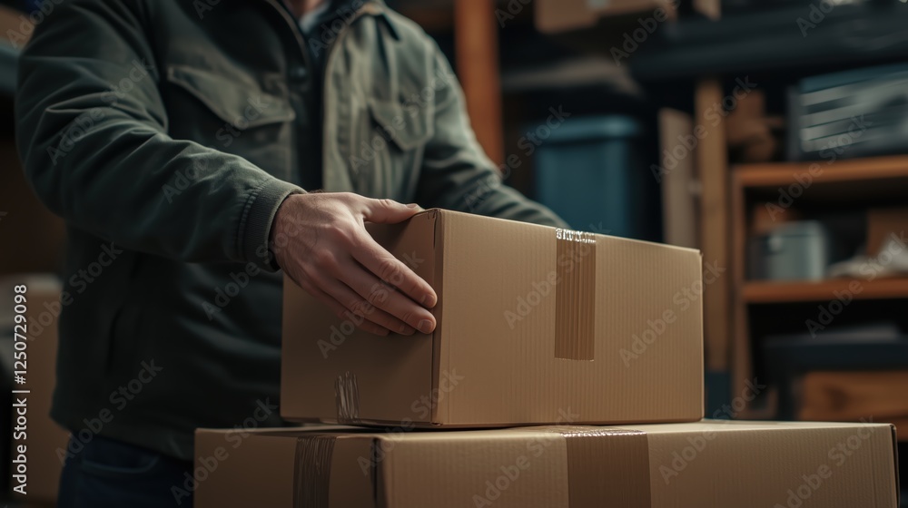 Close-up of a man's hands holding a box packed with duct tape against other boxes in the background of a warehouse Close-up of a man's hands holding a box packed with duct tape against other boxes in the background of a warehouse