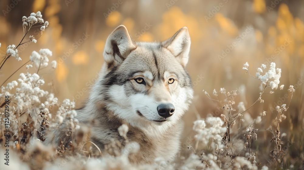 Obraz premium Majestic wolf gazing thoughtfully amidst autumn fields with vibrant flowers and soft grass backdrop : Generative AI
