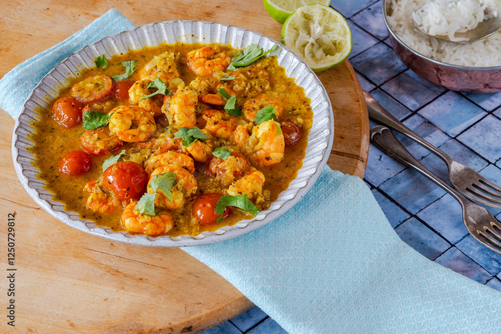 Keralan style prawn, tomato and coconut curry with rice Keralan style prawn, tomato and coconut curry with rice
