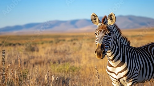 Majestic zebra in natural habitat showcasing striking black and white stripes against a clear blue sky : Generative AI