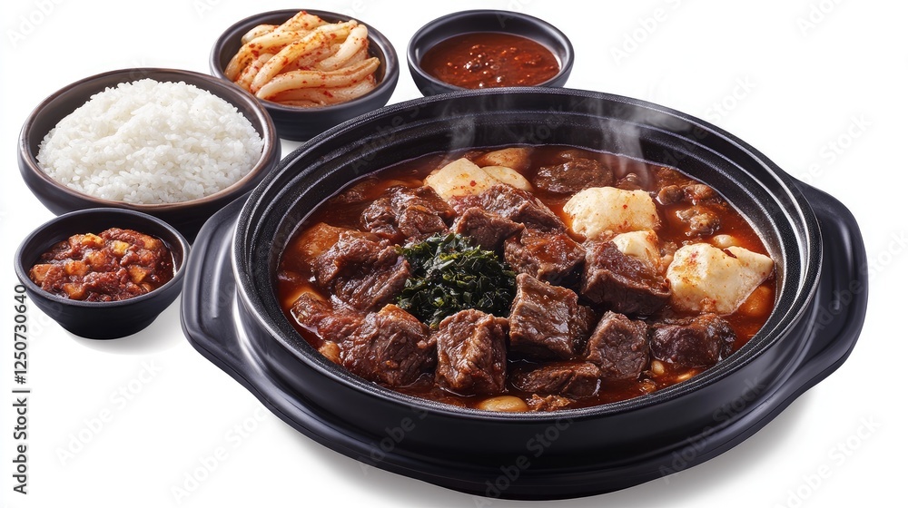 A steaming bowl of Gamjatang with a side of rice and traditional Korean side dishes. A steaming bowl of Gamjatang with a side of rice and traditional Korean side dishes.