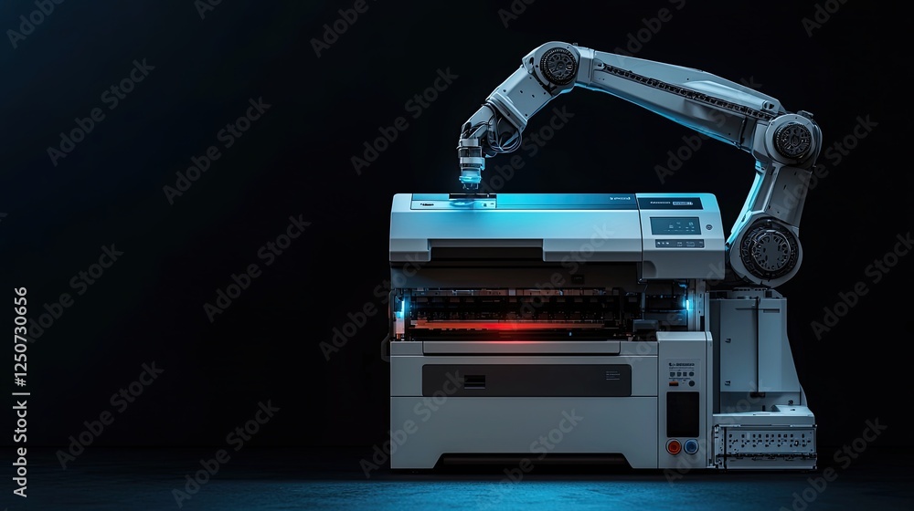 Obraz premium Printer technology expression, Robotic Arm Operates Modern Printer in High-Tech Setting with Dramatic Lighting Effects