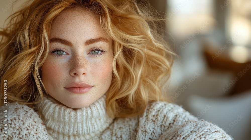 Close-up portrait of woman with curly red hair in a sweater. Relaxed expression. Casual indoor setting. Stock photo for fashion or lifestyle use Close-up portrait of woman with curly red hair in a sweater. Relaxed expression. Casual indoor setting. Stock photo for fashion or lifestyle use