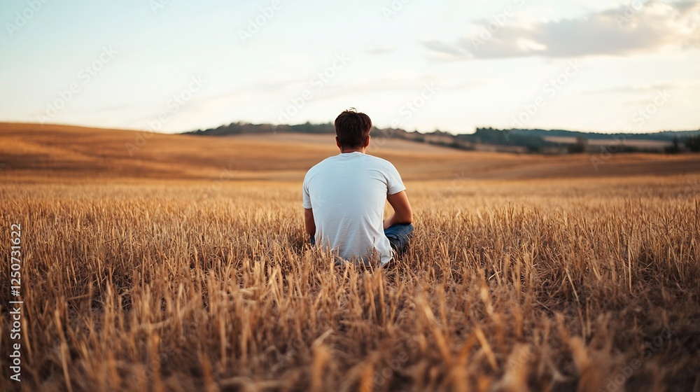 Young man sitting quietly in a vast golden field during a bright sunny day reflecting on life : Generative AI Young man sitting quietly in a vast golden field during a bright sunny day reflecting on life : Generative AI