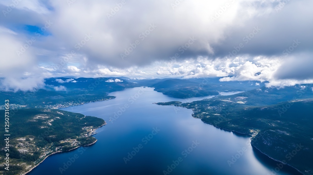 Aerial view of a serene lake surrounded by lush forests and clouds in a picturesque landscape : Generative AI Aerial view of a serene lake surrounded by lush forests and clouds in a picturesque landscape : Generative AI