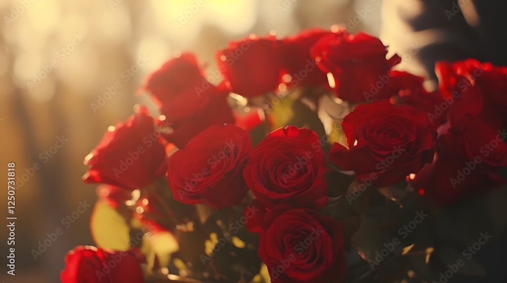 Closeup of a beautiful bouquet of lush vibrant red roses being gently handed to a loved one expressing heartfelt romance affection and devotion Closeup of a beautiful bouquet of lush vibrant red roses being gently handed to a loved one expressing heartfelt romance affection and devotion