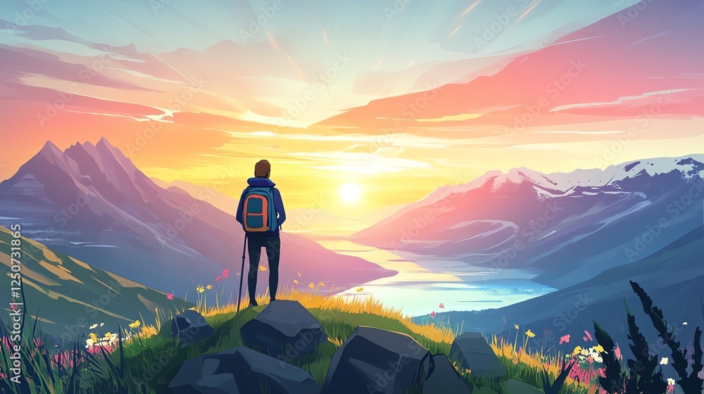 Fototapeta premium Sunset Mountaintop Illustration: Hiker, Backpack, View