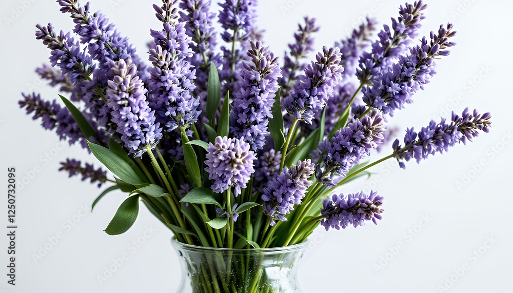 Obraz premium Fresh Lavender Bouquet in Glass Vase Against White Background
