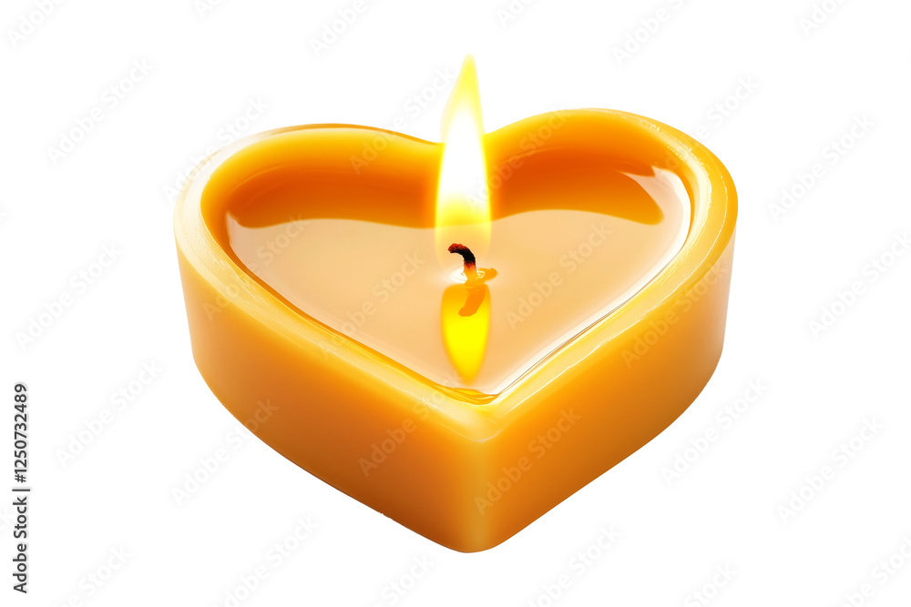 Heart shaped orange candle burning with small flame isolated on white transparent background. Symbol of love, romance, and serenity Heart shaped orange candle burning with small flame isolated on white transparent background. Symbol of love, romance, and serenity