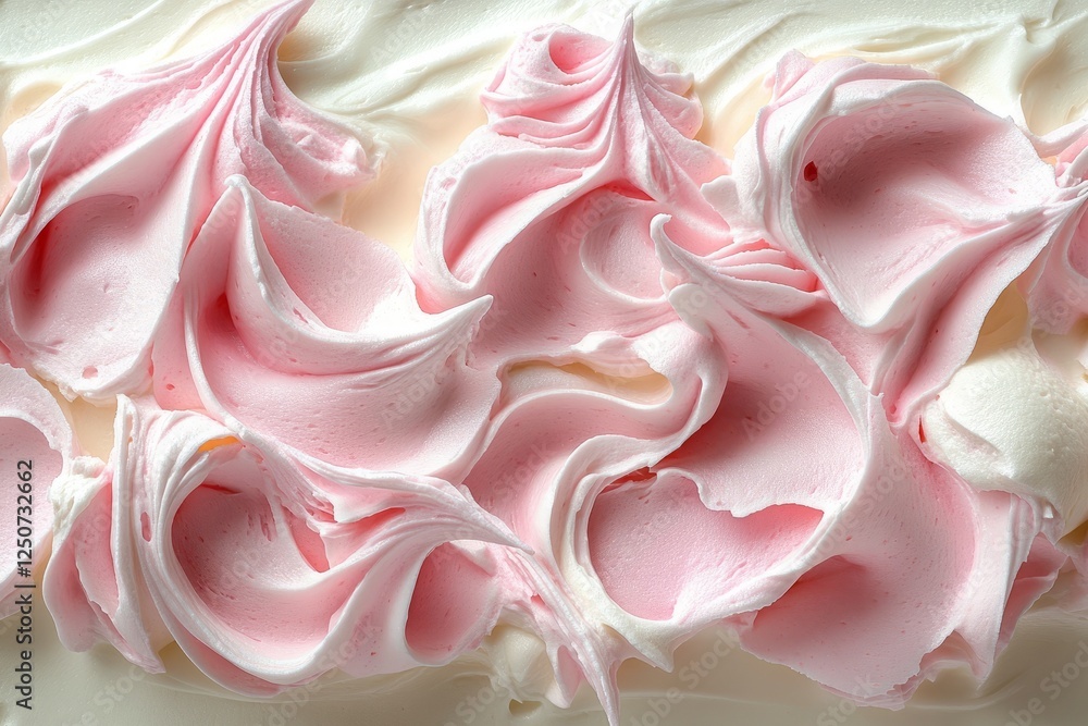 A pink frosting swirls on a white cake A pink frosting swirls on a white cake